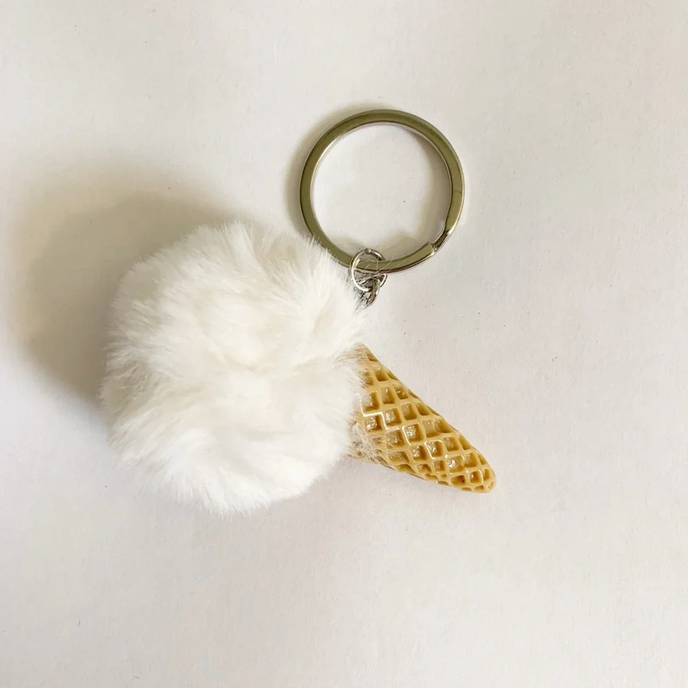 Fluffy White Puff Ice Cream Cone Mini Keychain Purse Charm